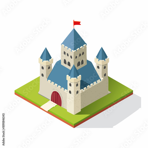 Château fort médiéval, en pierres, avec tours et drapeau, 3D isométrique