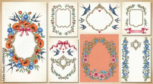 vintage ornate decorative frames and floral elements, perfect for scrapbooking and graphic design projects, featuring elegant floral wreaths and delicate ribbon accents