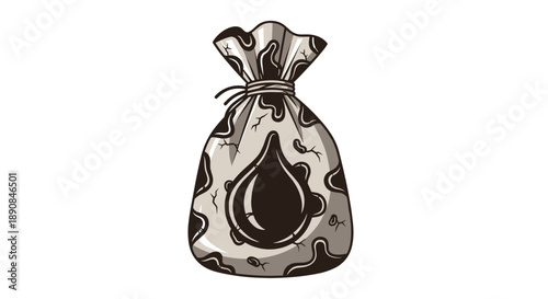 Artistic illustration of an oily bag isolated on a white background with a bold oil drop design and intricate patterns