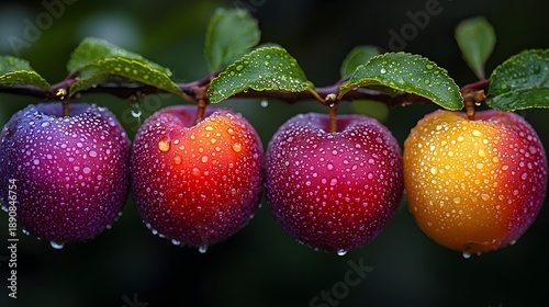 Plum juicy ripe fruit covered with morning dew photo