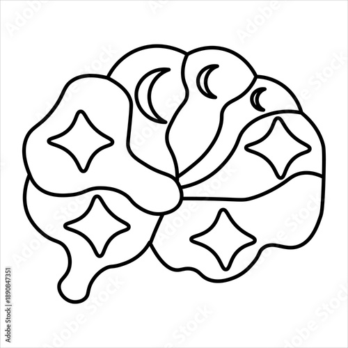 Stylized outline illustration of a human brain with moon and star shapes representing creativity, dreams, and thought processes.