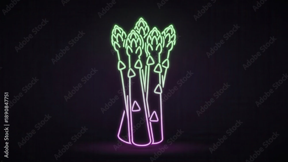 Naklejka premium Vibrant neon asparagus bundle glowing with digital energy on a dark background icon illustration