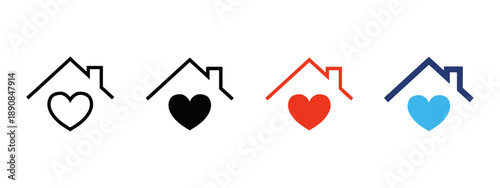 Diverse collection of house and heart icons, symbolizing love and security. Features various color schemes and outline styles for a modern, versatile representation of home and affection.