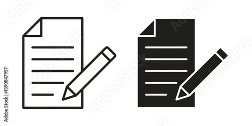 Document with lines and pencil icon outline and solid fill symbol for writing note taking or editing content creation process