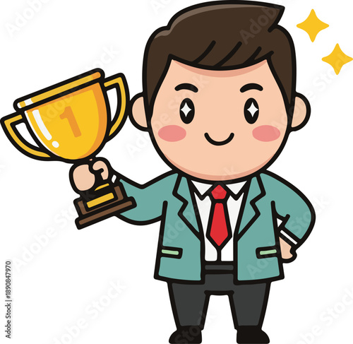 Man Business Success, Goal Achievement Concept, Flat Cartoon Illustration Style