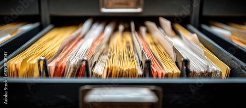 A close-up view of an open filing cabinet drawer filled with manila and colored folders