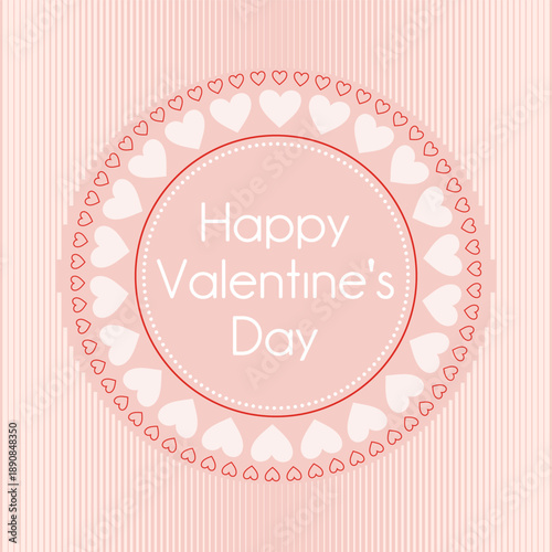 Happy Valentine's day vector greeting card. Hearts border on pink striped background. Graphics design for social media posts, web banners, print material.