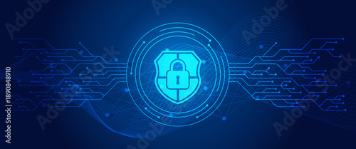Digital shield with glowing padlock and circuit board representing cybersecurity and data protection background. Cyber security and information or network protection