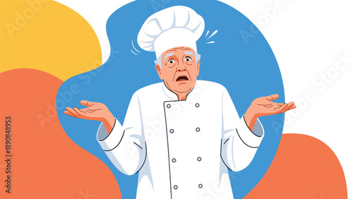 Elderly professional chef in white uniform and hat looking shocked with hands raised in confusion against colorful abstract background.