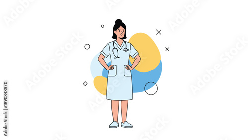 Professional female nurse in light blue uniform standing confidently with hands on hips against blue and yellow abstract shapes.
