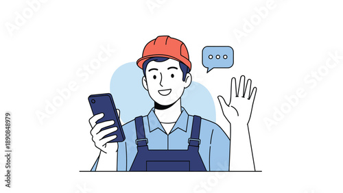 Happy male construction worker in orange hard hat and blue overalls waving hand while holding smartphone against blue background.