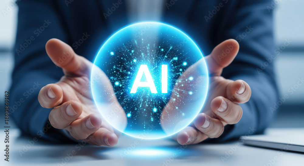 Naklejka premium Artificial Intelligence Innovation A Vision of the Future Technology in Human Hands A Digital Transformation Concept with a Glowing Orb Representing AI Development
