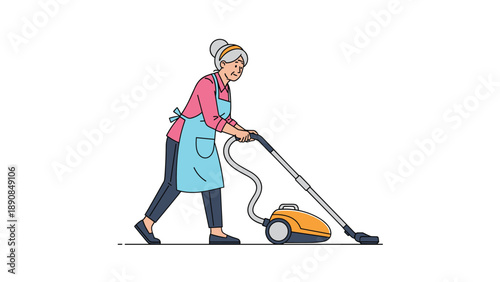 Hardworking elderly woman in an apron using a modern orange vacuum cleaner to keep the floor clean in her cozy home environment.
