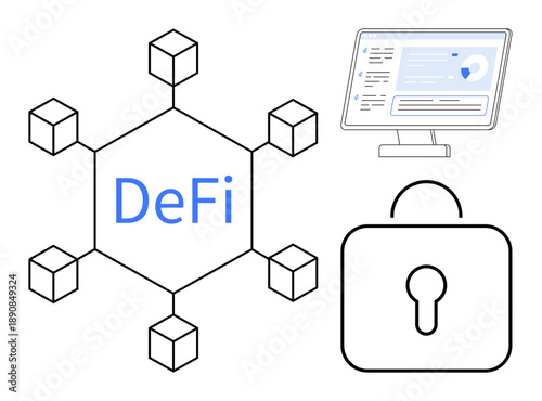 Blockchain technology, financial security, decentralized finance, fintech innovation, digital currency, cybersecurity. Visual includes blockchain structure and lock symbol. Blockchain technology