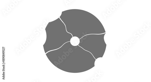 Gray warped disk with cracked pattern isolated on white background, minimalist design with abstract geometric shapes