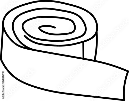 A simple black and white line art illustration of a rolled-up strip of material, possibly tape or ribbon, partially unspooled.