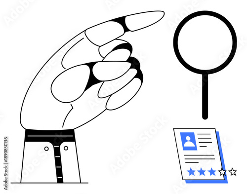 Hand gesture directing to magnifying glass and CV with star rating, representing recruitment, performance evaluation, career opportunities, talent search, quality control, feedback system
