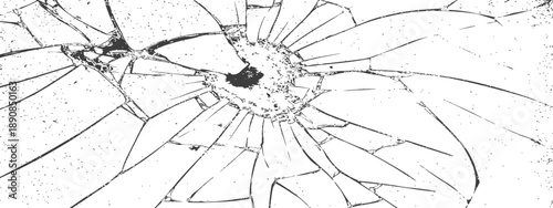 Distressed Vector Texture of Broken Glass with Radial Cracks and Impact Hole Grungy Abstract Black and White Background