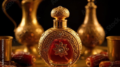 Luxurious Arabic still life with golden perfume bottle dates and traditional tableware.