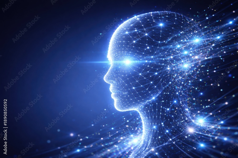 Obraz premium Futuristic human head with glowing neural network connections