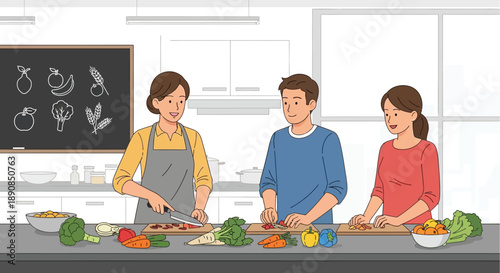 Three people preparing food together in a modern kitchen, collaborating on a meal, surrounded by fresh ingredients, viewed from the front in an illustration style.