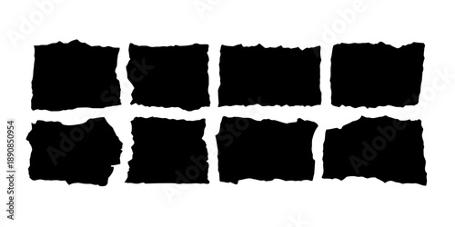Eight black torn paper edge square shapes, ragged borders, graphic design elements, grunge texture, creative background, abstract shapes for unique design projects