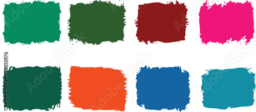 Eight colorful grunge brush stroke squares in various shades of green, red, pink, orange, blue, and teal, abstract background textures with rough edges.