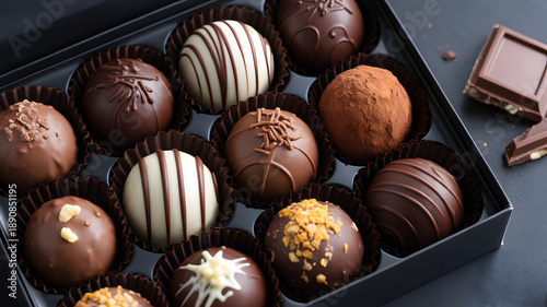 Assorted gourmet chocolates in a black box on a dark background with cocoa treats