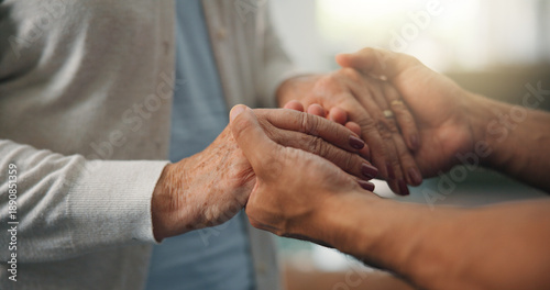 Bild auf Leinwand Old woman, caregiver and holding hands in nursing home with support, respect or compassion for grief