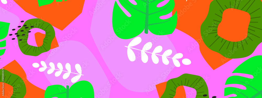 Fototapeta premium Creative abstract composition featuring neon green leaves and white ferns on a bright pink backdrop
