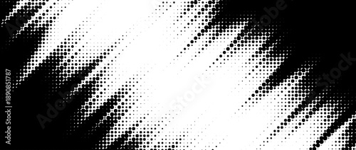 Rough dynamic halftone background. Black and white dotted diagonal pattern effect. Abstract jagged sharp stripes wallpaper. Sport banner design template. Grunge comic speed lines backdrop. Vector