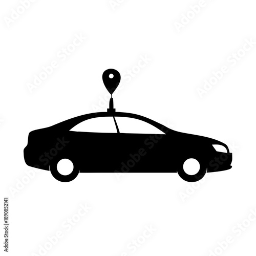 Modern Sedan Car with GPS Map Pin Location Silhouette Vector Icon