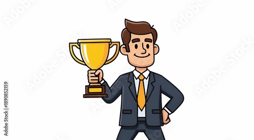 Man Business Success, Goal Achievement Concept, Flat Cartoon Illustration Style