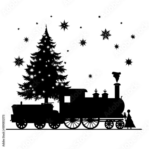 Vintage Christmas Steam Train and Decorated Pine Tree Silhouette Vector Art