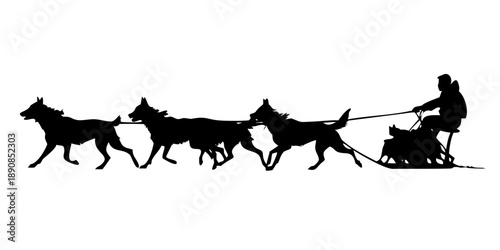Dog Sled Musher with Husky Team Arctic Winter Transport Silhouette Vector Art