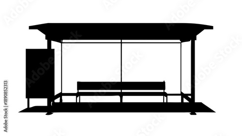 Modern Bus Stop Shelter with Bench and Trash Can Silhouette Vector Icon