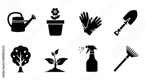 Gardening tools set with watering can, potted plant, gloves, shovel, tree, seedling, spray bottle, and rake isolated on white background, vector illustration for garden care and hobby themes