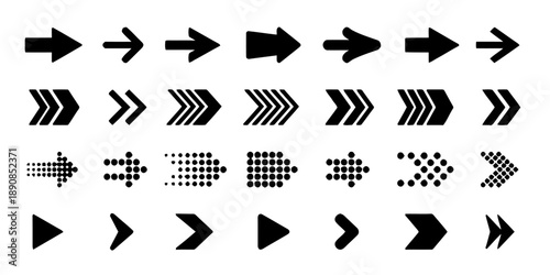 Group of 32 directional arrows in various styles: solid outline dotted chevron and bold shapes, black rightward pointing arrows on white background, vector set for navigation and design