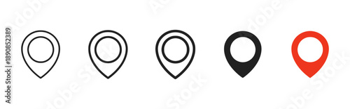 Group of map location marker icons, presented in outline, solid black, and red variations, signifying places or addresses for use in mapping software and travel planning tools