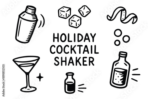 Holiday cocktail shaker illustration with festive drinks, ice, and garnishes, perfect for Christmas and New Year's Eve party designs.