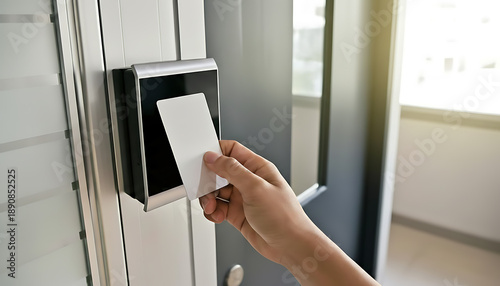 Hand using key card to unlock modern door with silver handle