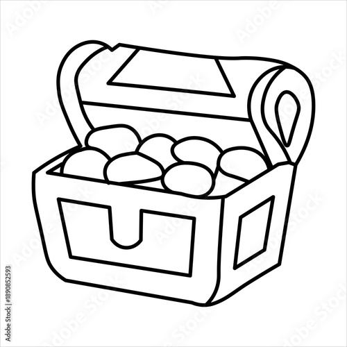 A simple black and white line drawing of an open treasure chest overflowing with gold coins.