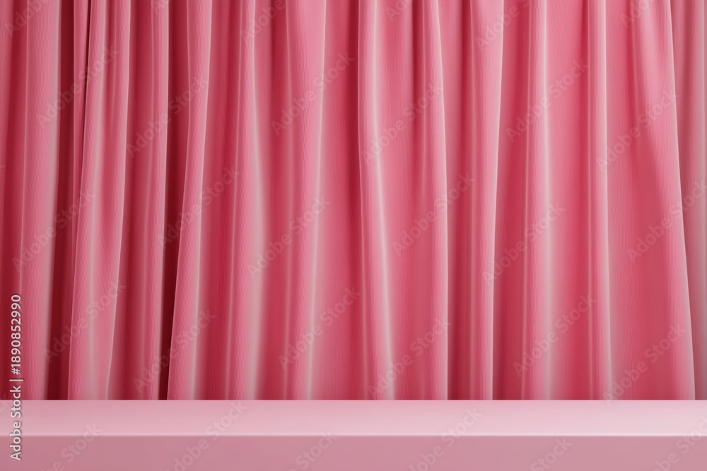 Fototapeta premium Pink velvet drapes framing an empty product display platform, creating a soft, elegant background for showcasing items