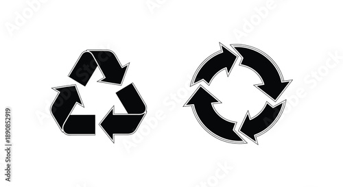 A simple black and white illustration depicts two variations of the universal recycling symbol showcasing its form