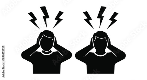 Two silhouetted figures with hands over ears displaying distress as lightning bolts radiate from their heads high quality