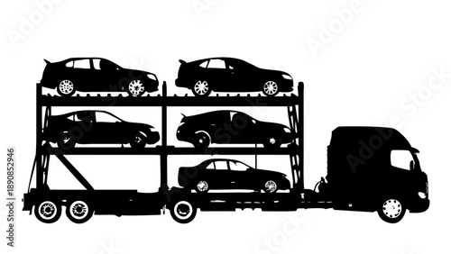 Heavy Duty Car Carrier Truck Semi Trailer Transporting Multiple Sedans Silhouette Vector Icon