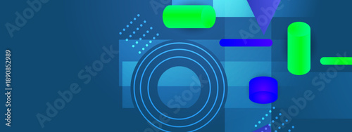 Clean cyan and green abstract background with 3D cylinders and concentric circles for technology themes