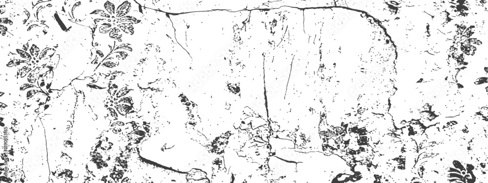 Fototapeta premium Monochrome Grunge Vector Texture Overlay Distressed Cracked Wall Surface with Faded Vintage Floral Damask Pattern Background