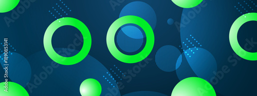 Canvastavla Vibrant blue background featuring glowing green rings and overlapping circular g