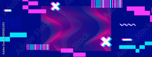 Dark blue background featuring pink and cyan glitch effects with wavy lines and geometric cross symbols